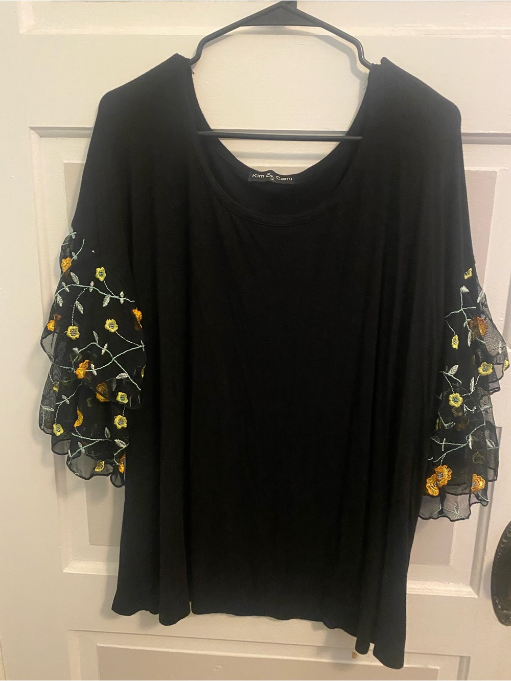 Black Embroidered Bell Sleeve Blouse